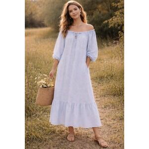 NARY Linen Maxi Dress XS Blue Striped Off Shoulder Pockets Cottagecore Oversize‎